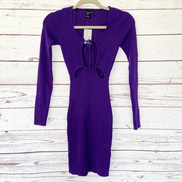 Windsor S Purple Cutout Long Sleeve Fitted Short Mini Knit Sweater Dress - Picture 5 of 9